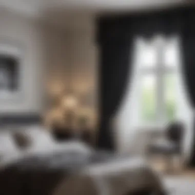 Dramatic effect of black and off-white curtains in a bright bedroom