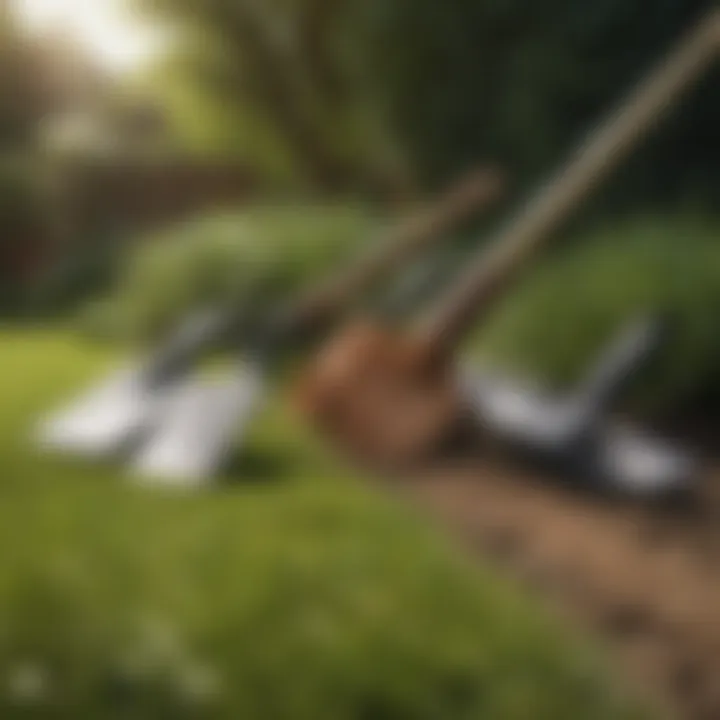 Gardening tools laid out on a lawn ready for use.