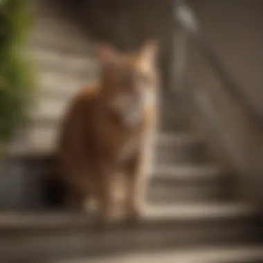 Close-up of cat using stairs to reach a high surface