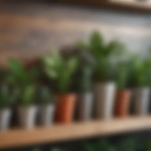 A vibrant arrangement of various house plants on a wooden shelf, showcasing different heights and textures.