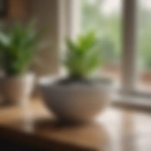 Baking soda in a small bowl with a green plant in the background