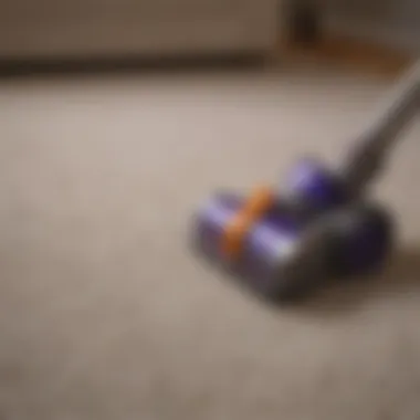 Showcasing a Dyson stick vacuum on a plush carpet