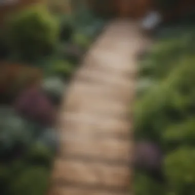 Bird's eye view of a wooden garden path leading to a charming seating area