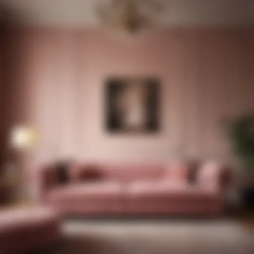 Blush Pink and Brown Velvet Sofa in Elegant Living Room