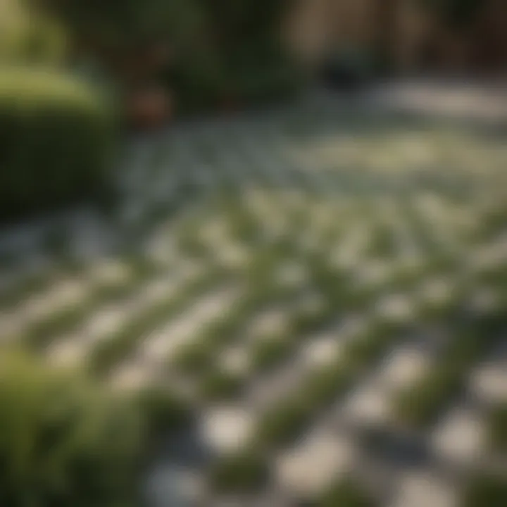 Gravel and grass checkerboard pattern in backyard