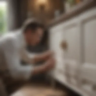 Painter inspecting freshly painted cabinet