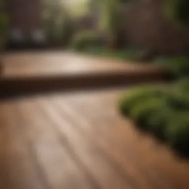 Natural wood deck surrounded by greenery that harmonizes with a brown brick house