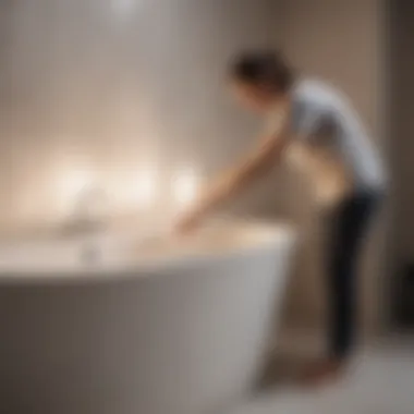 Homeowner applying a cleaning solution to an acrylic bathtub