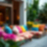 Brightly colored outdoor cushions arranged on a patio