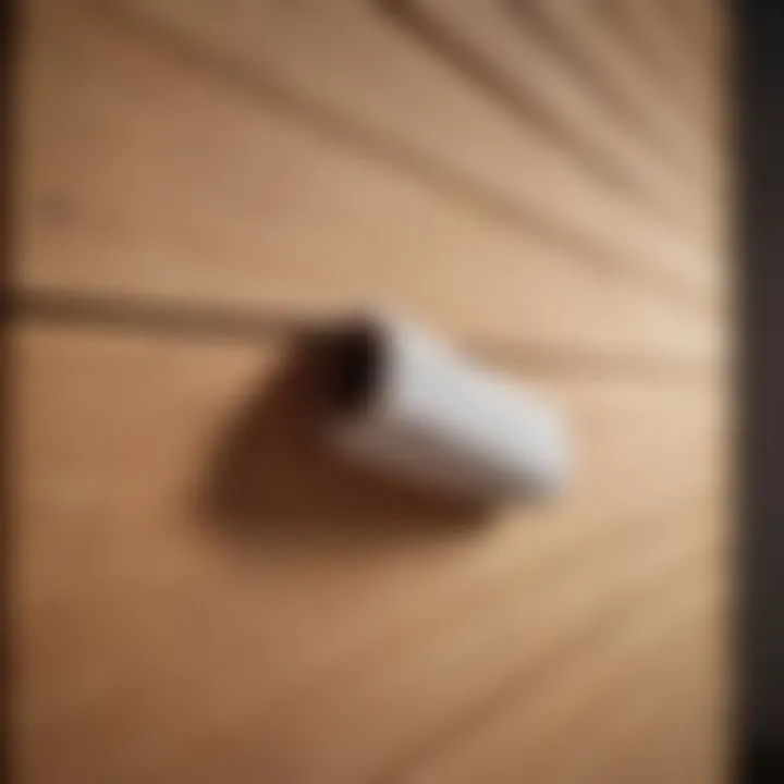 Close-up of a wooden blind slat being dusted with a microfiber duster