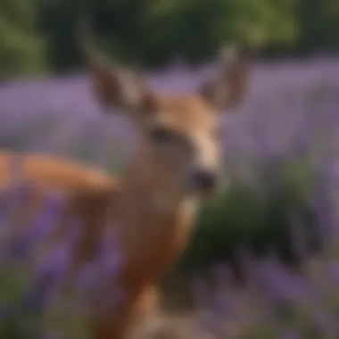 Close-up of deer delicately nibbling on fragrant lavender flowers