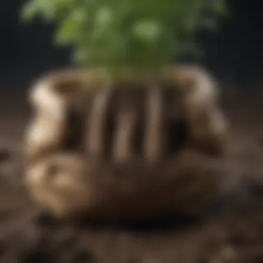 Close-up of potato roots within a grow bag