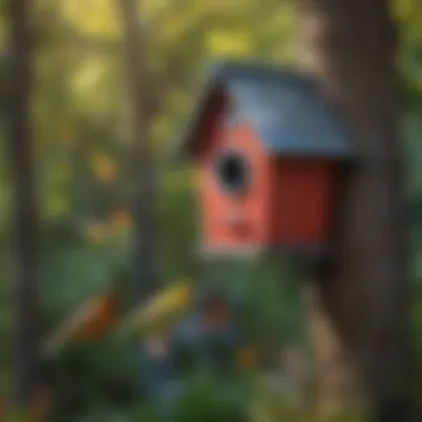 Colorful bird feeding from a bird house, promoting conservation