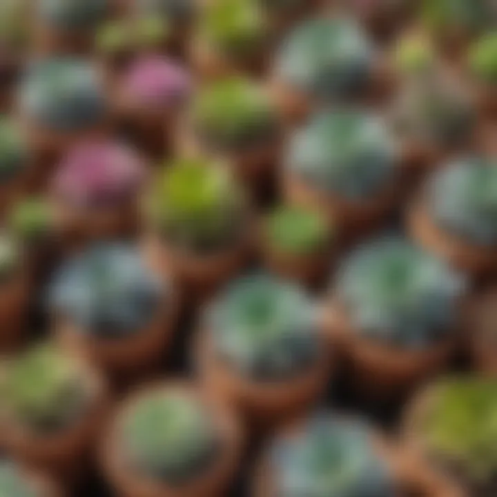 Diverse collection of colorful succulents in terracotta pots