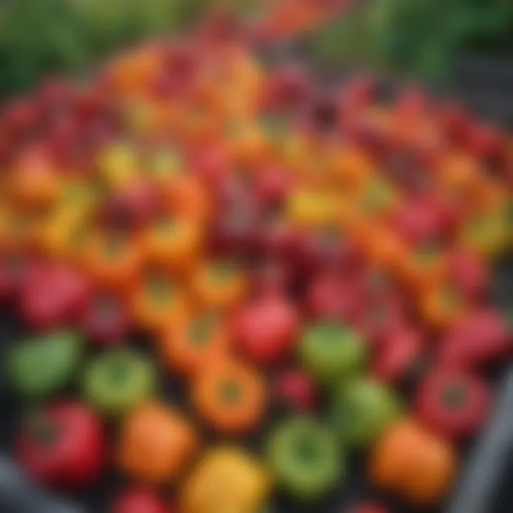 A variety of colorful peppers in a vegetable garden