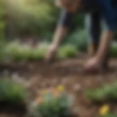 Gardener planting early summer flowering bulbs in a well-prepared garden bed