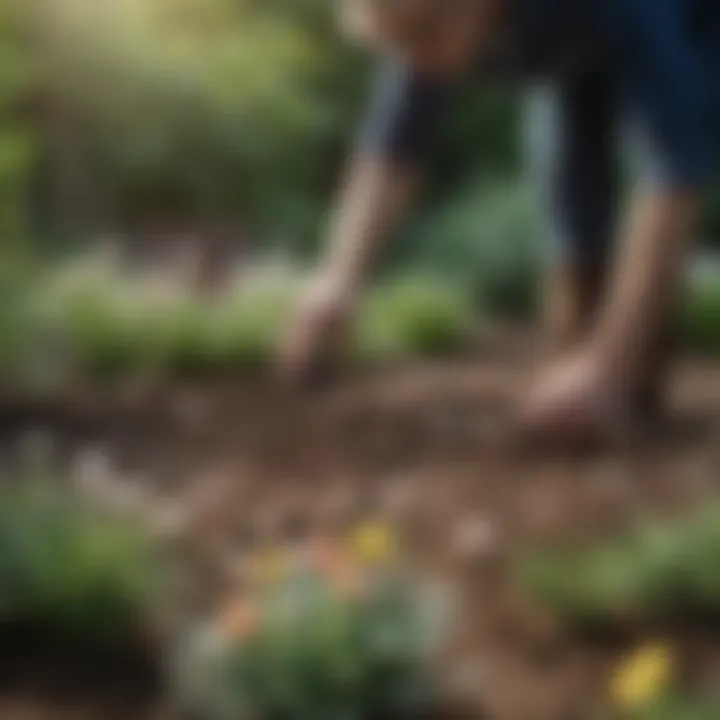 Gardener planting early summer flowering bulbs in a well-prepared garden bed