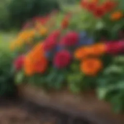 A vibrant arrangement of flowers in a garden bed showcasing various colors and shapes.