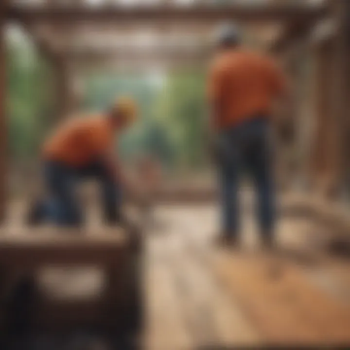 Construction workers diligently building a deck