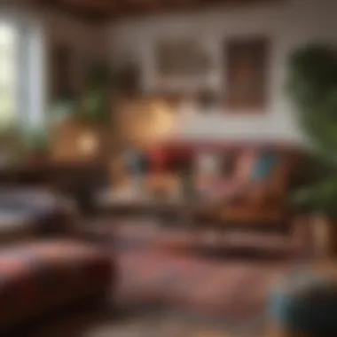 Cozy Bohemian Living Room A cozy Bohemian living room with layered textiles and vibrant colors