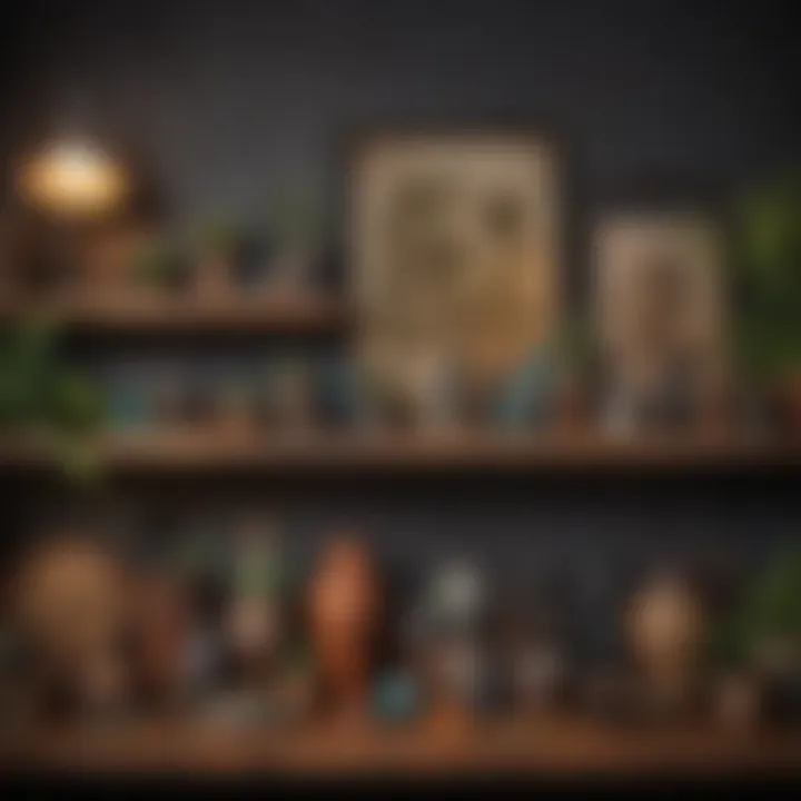 A collection of eclectic decor pieces arranged on a shelf