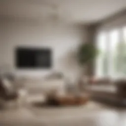 A modern living room showcasing minimalist design with neutral tones.