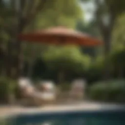Elegant curved patio umbrella in a lush garden setting