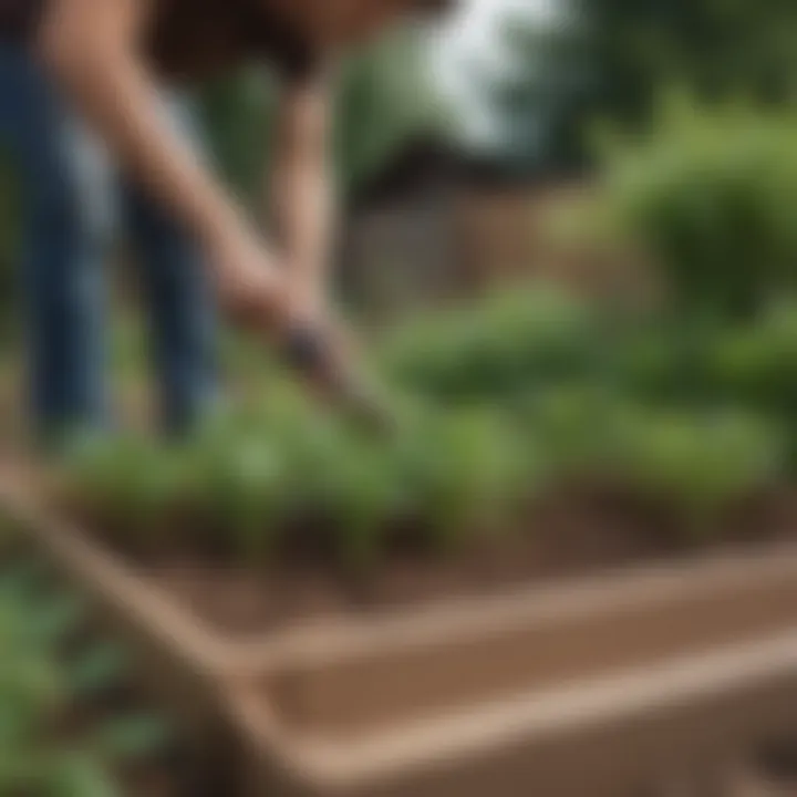 A gardener demonstrating the placement of cardboard in a garden bed