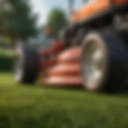 Close-up of a high-performance lawn mower cutting grass