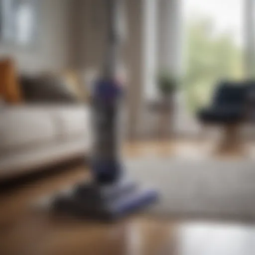 A modern Dyson vacuum cleaner in a stylish living room.