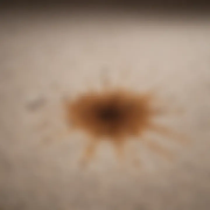 Detailed view of coffee stain on carpet fabric