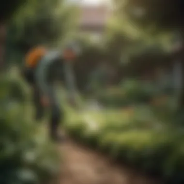 Pest Control in a Flourishing Garden A gardener spraying a plant with pesticide in a flourishing garden.
