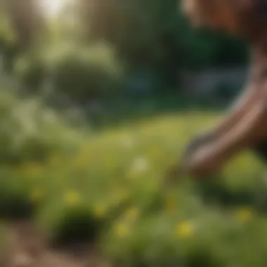 Gardener applying weed management techniques