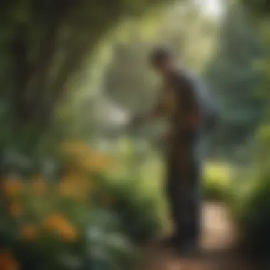 A gardener applying spray in a lush garden setting