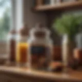 Stylish spice jar arrangement on a kitchen shelf