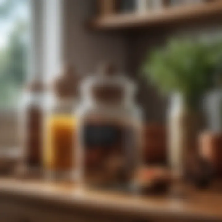 Stylish spice jar arrangement on a kitchen shelf