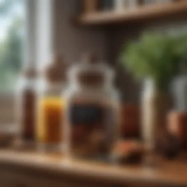 Stylish Spice Jar Arrangement Stylish spice jar arrangement on a kitchen shelf