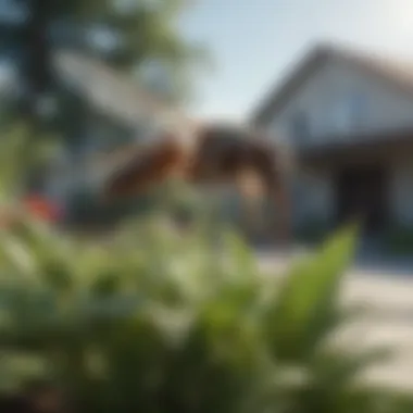 A close-up of a gnat hovering near a plant in a yard