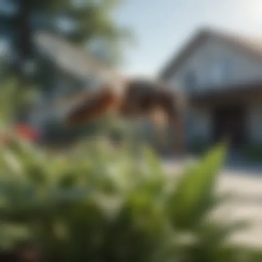 A close-up of a gnat hovering near a plant in a yard