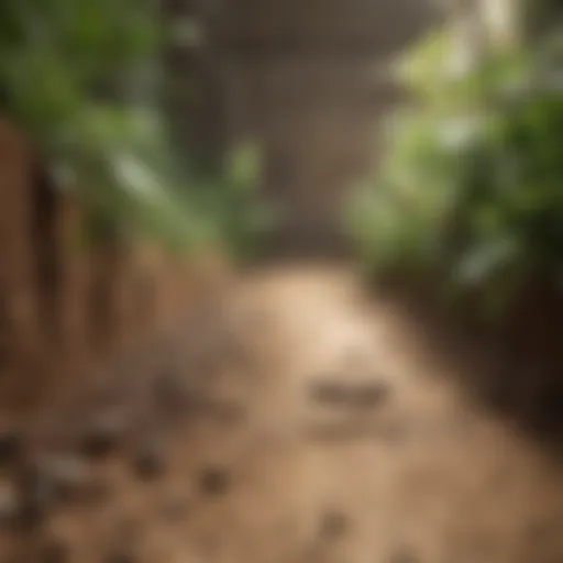 A close-up view of an ant trail leading to a food source indoors.