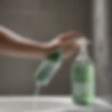 Hand holding a spray bottle filled with a soap scum remover solution