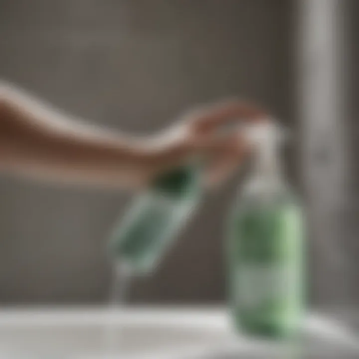 Hand holding a spray bottle filled with a soap scum remover solution