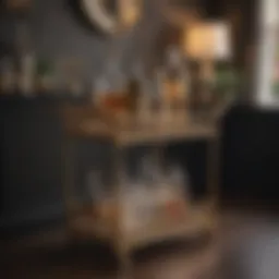 Elegant bar cart with crystal decanters and gold accents