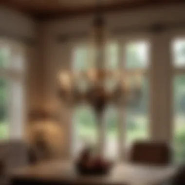 Traditional farmhouse chandelier casting warm glow in living room