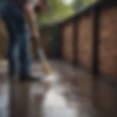 Person applying protective sealant on a freshly cleaned patio