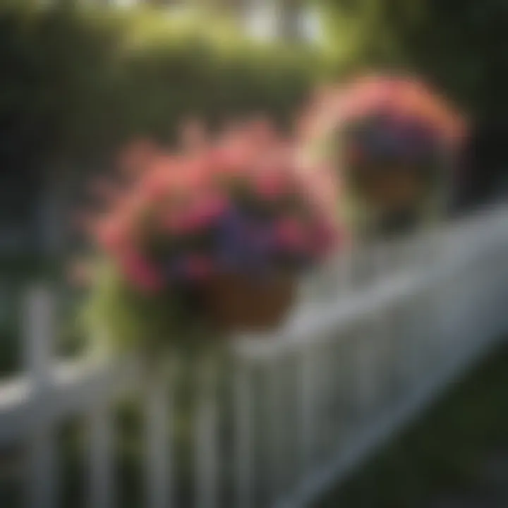 Creative arrangement of hanging flower baskets on a fence