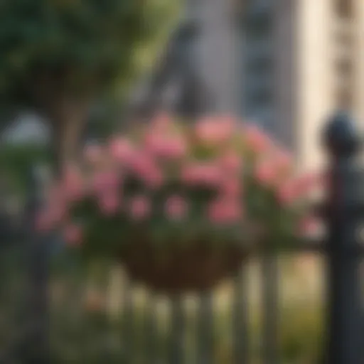 Beautiful hanging flower basket on a fence