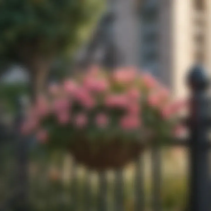 Beautiful hanging flower basket on a fence