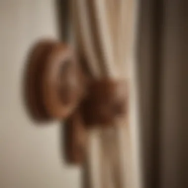 Close-up of intricately designed wooden curtain rod bracket