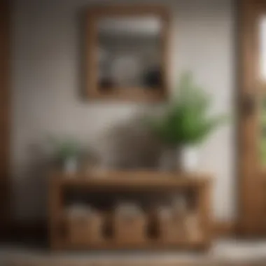 Rustic console table featuring natural wood and storage baskets